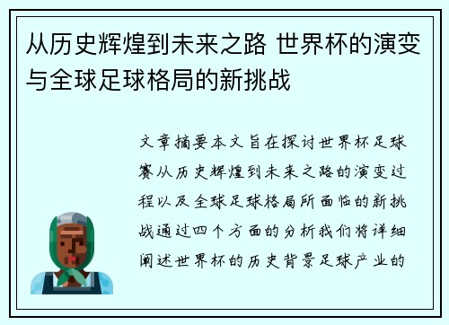 从历史辉煌到未来之路 世界杯的演变与全球足球格局的新挑战