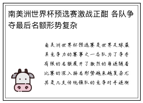 南美洲世界杯预选赛激战正酣 各队争夺最后名额形势复杂