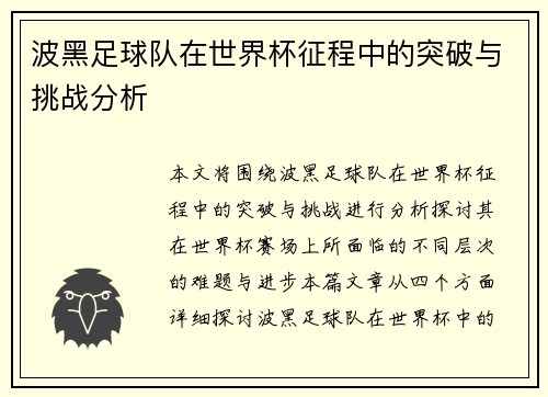 波黑足球队在世界杯征程中的突破与挑战分析